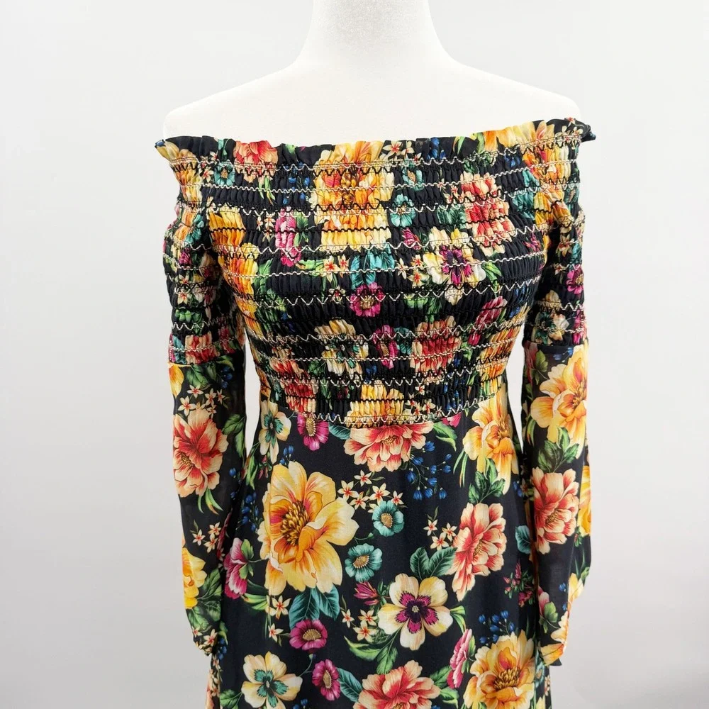 Farm Rio x Anthropologie Sasha Off-The-Shoulder Dress in‎ Black Floral Size XS - Picture 4 of 10